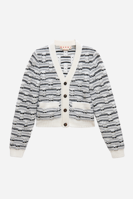 White and Blue Mixed Stitch Wool Cardigan
