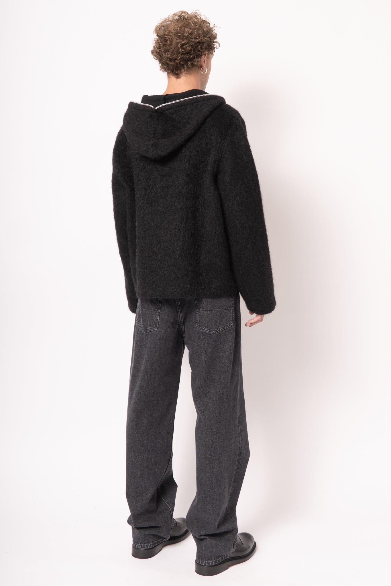 Full Zip Hood Black Hairy Wool