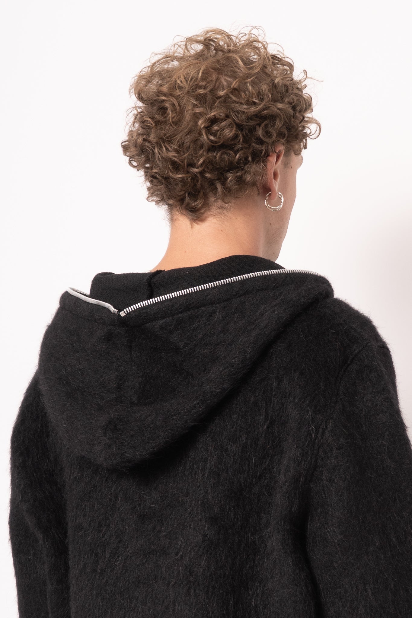 Full Zip Hood Black Hairy Wool