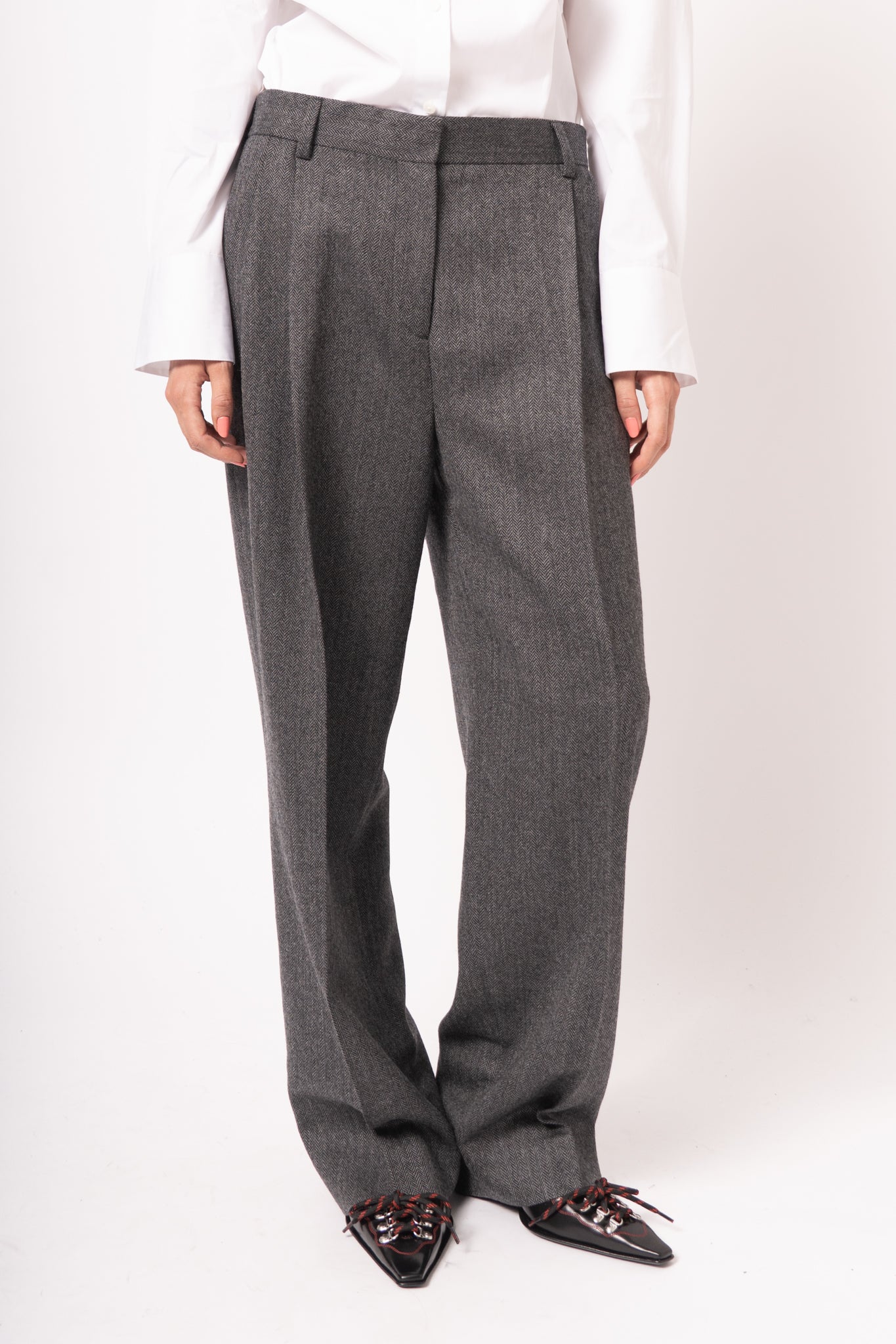 Herringbone Double-Pleat Trousers Dark Grey Melange