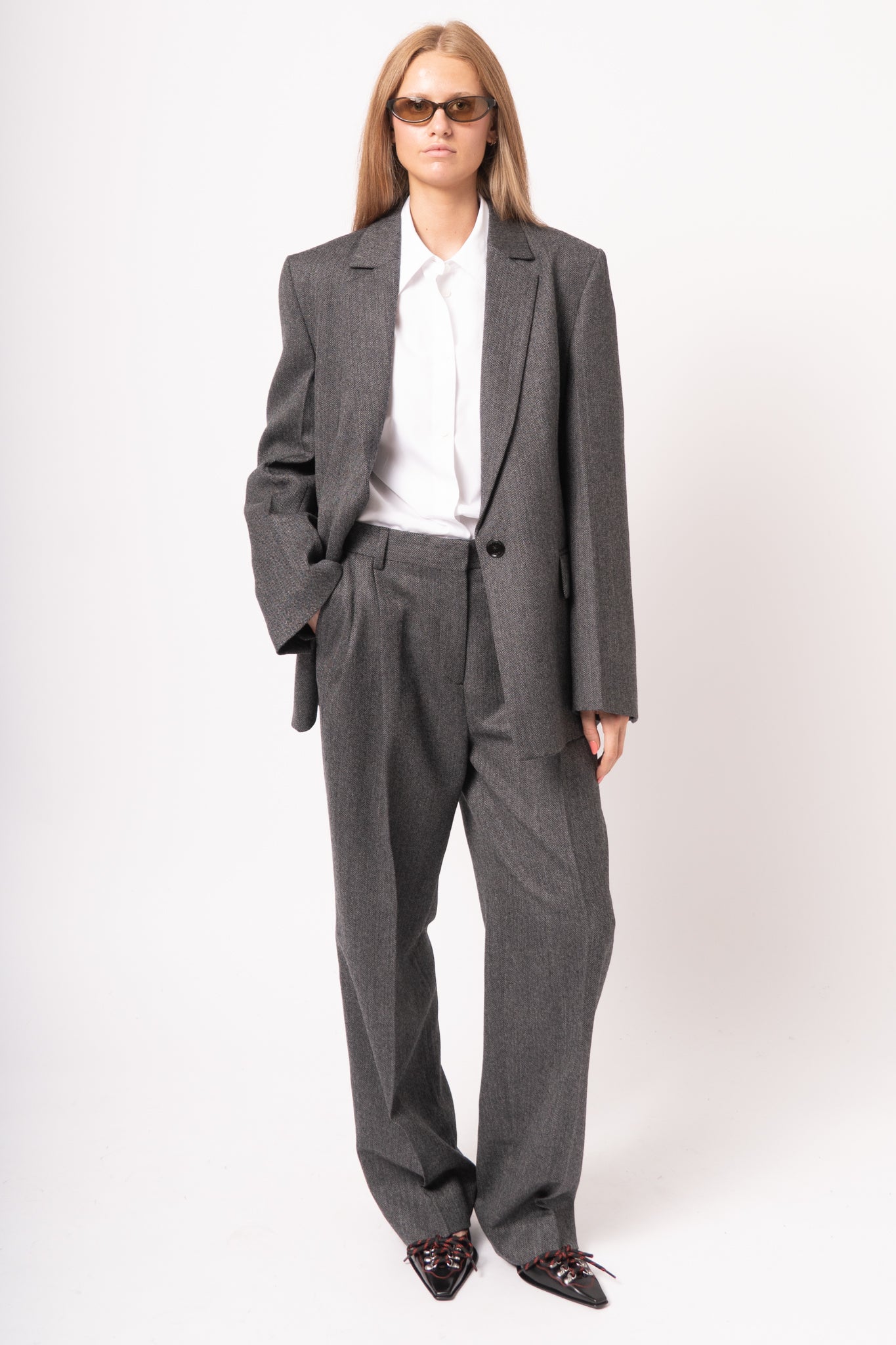 Herringbone Double-Pleat Trousers Dark Grey Melange