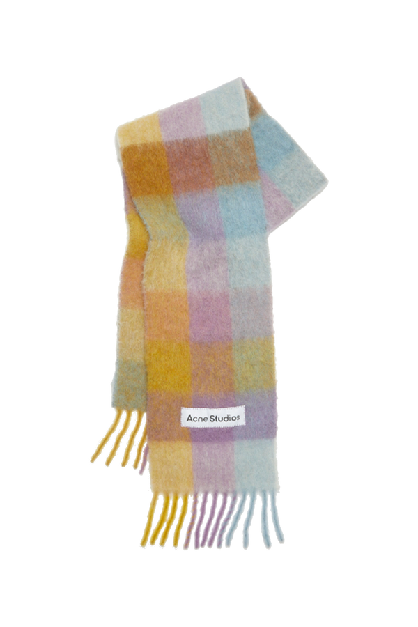 Checked Wool Fringe Scarf Violet/Yellow/Blue