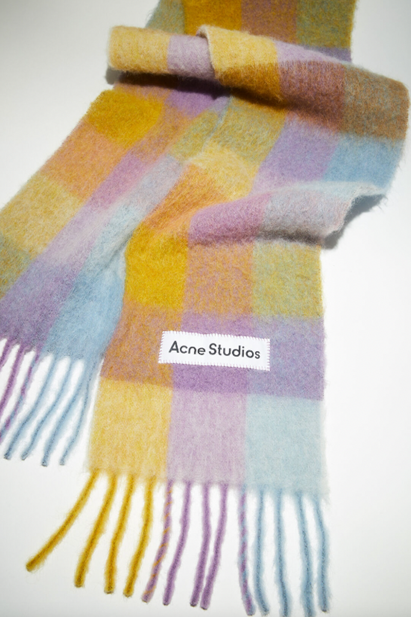 Checked Wool Fringe Scarf Violet/Yellow/Blue