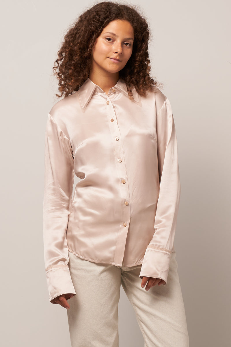 Silk Blend Button-Up Shirt Pebble Beige