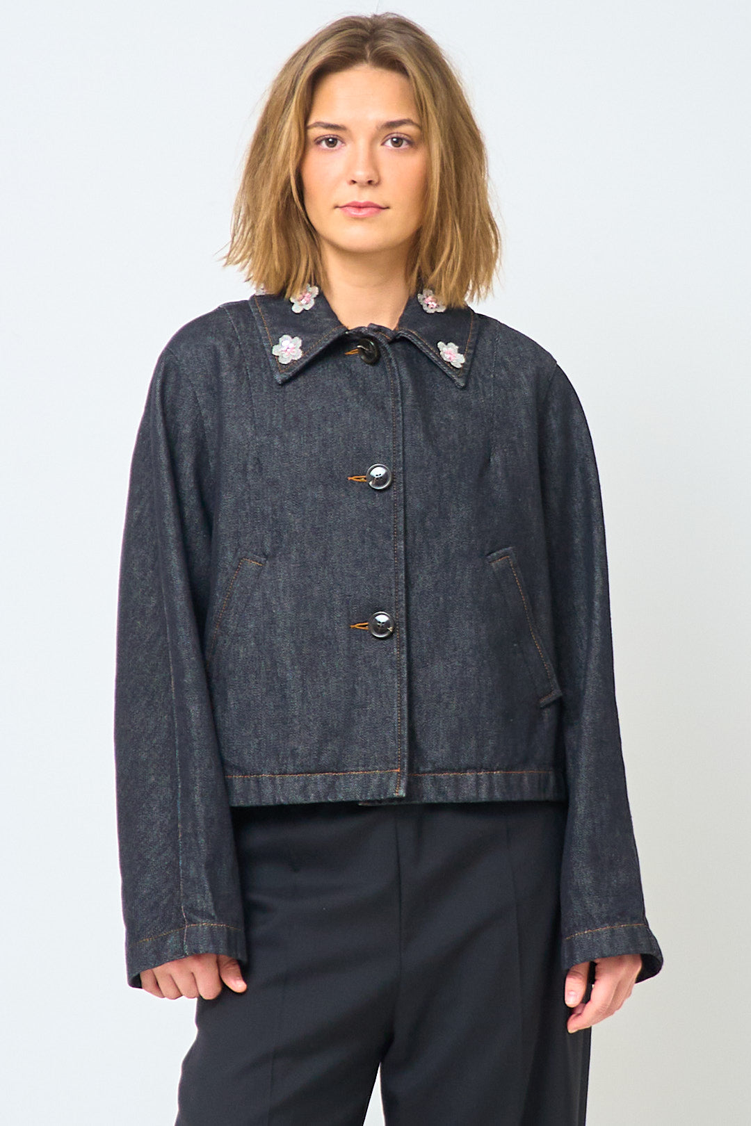 Black Denim Jacket With Daisies