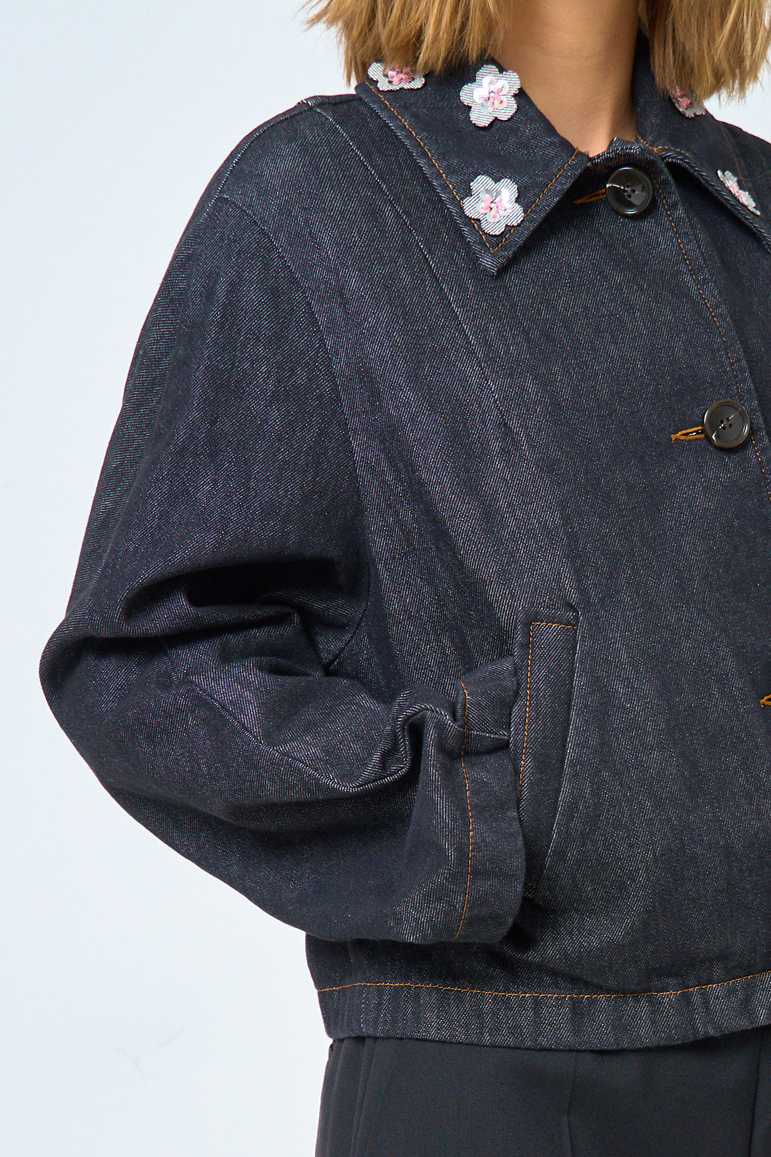 Black Denim Jacket With Daisies