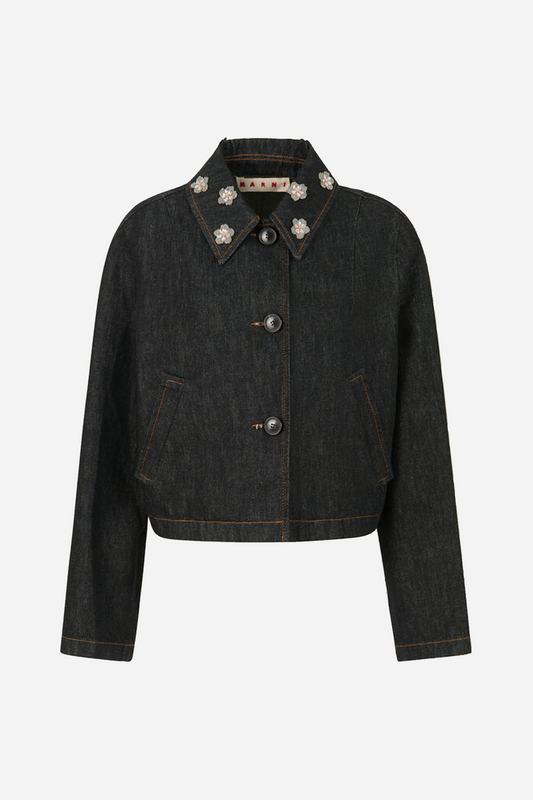 Black Denim Jacket With Daisies