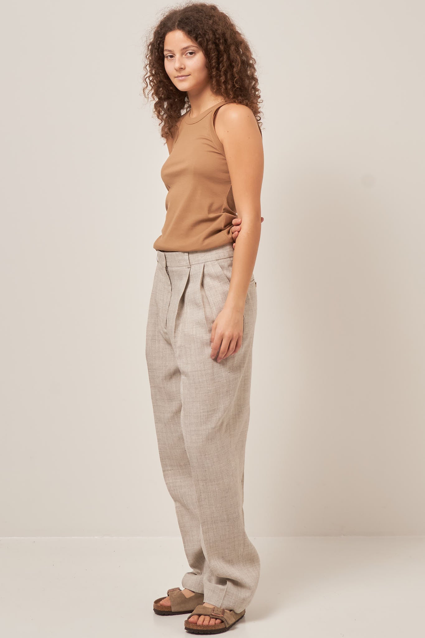 Double-Pleated Tailored Trousers Oat Melange