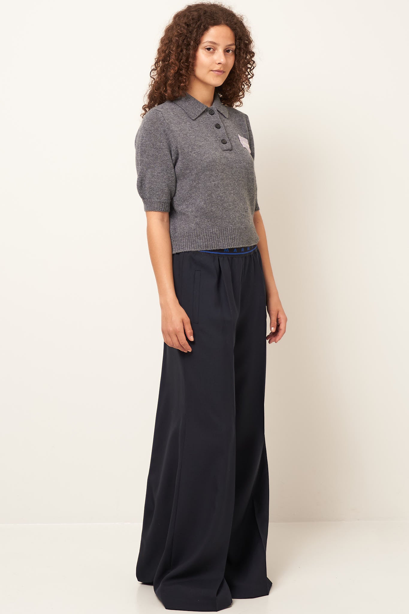 Flared Wool Logo Waist Trousers Navy