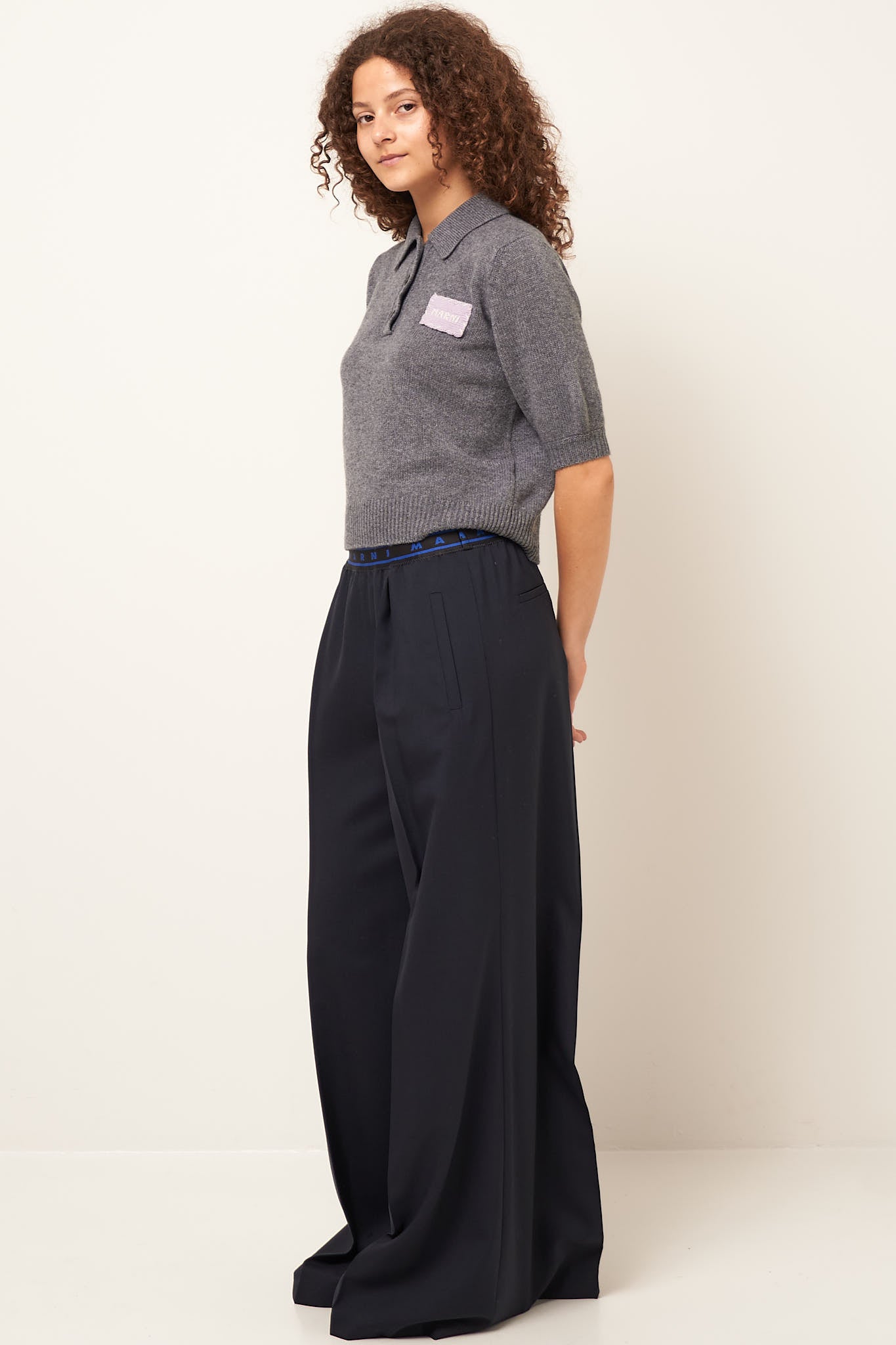 Flared Wool Logo Waist Trousers Navy