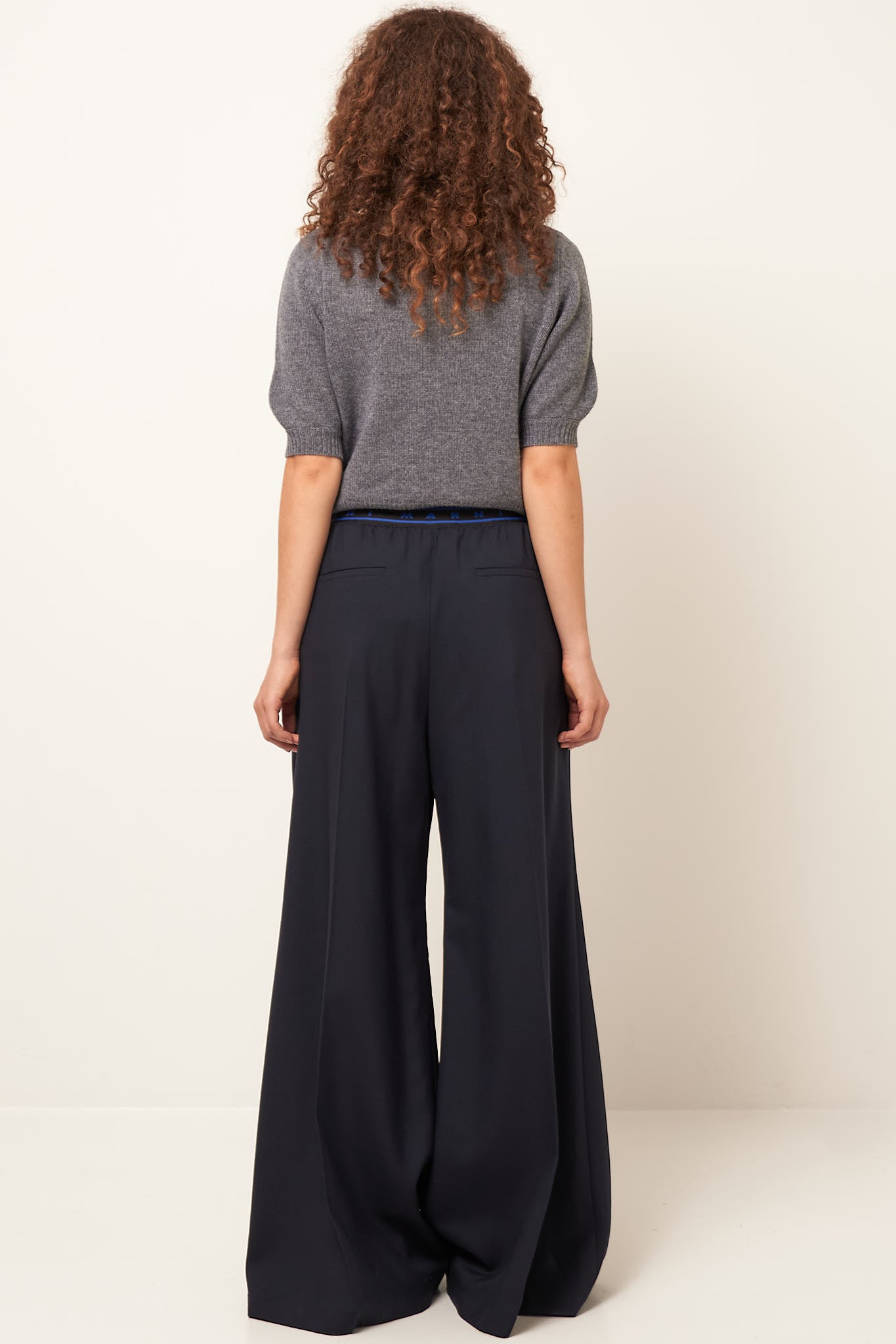 Flared Wool Logo Waist Trousers Navy