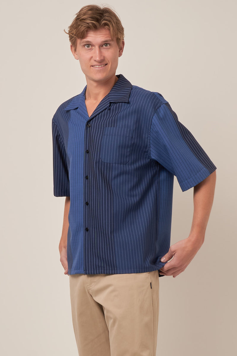 Pinstripe Wool Bowling Shirt Blue