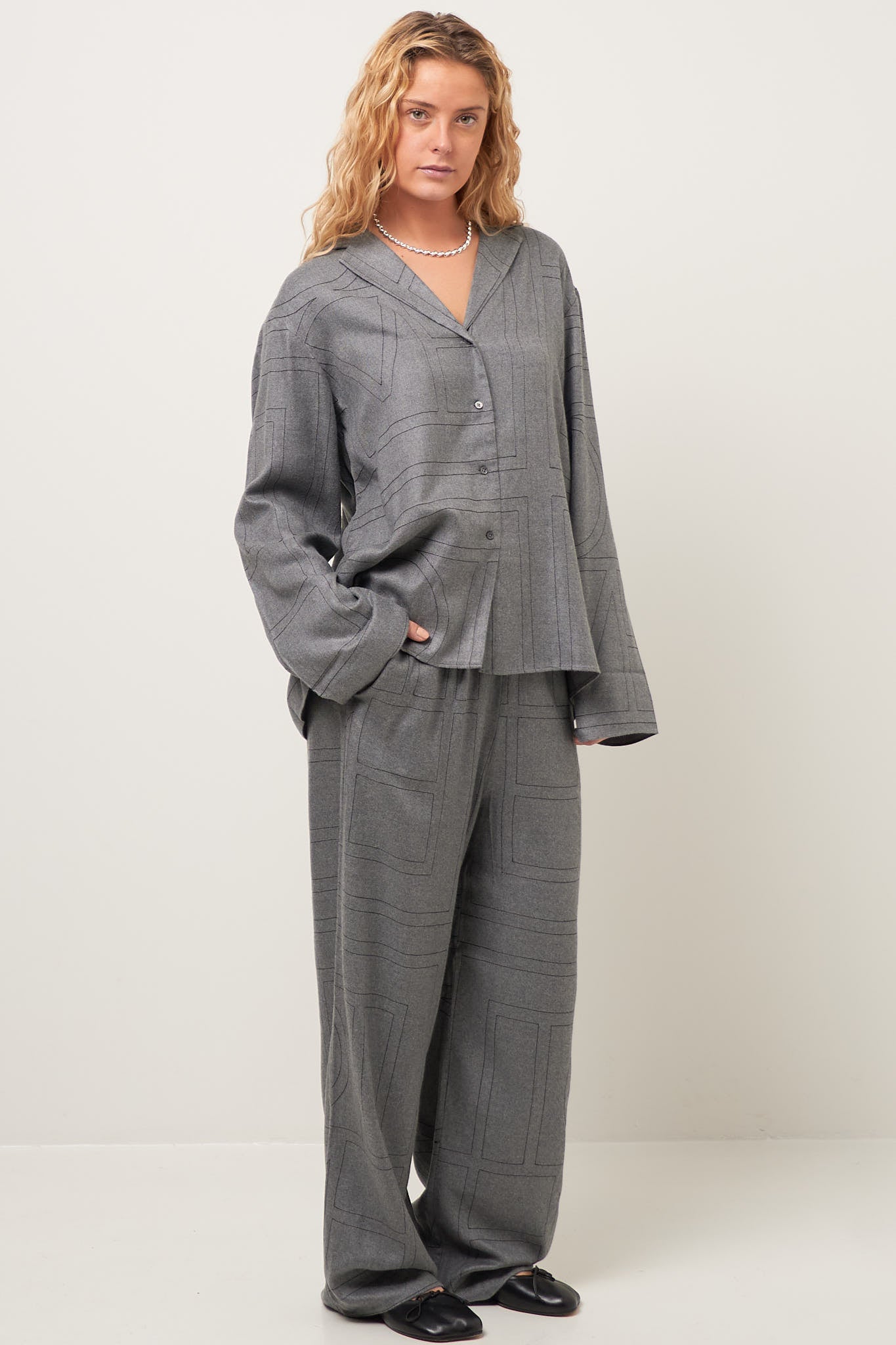 Monogram Flannel Pj Top Smoke Melange