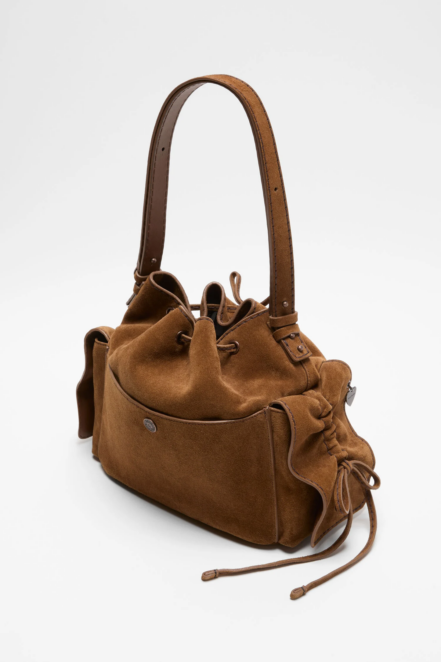 Multipocket Suede Bucket Bag Cognac Brown