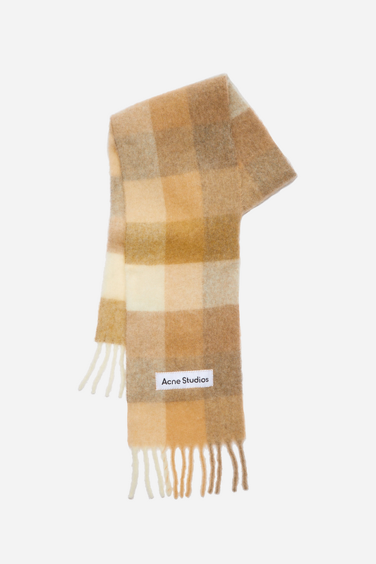 Checked Wool Fringe Scarf White/Beige