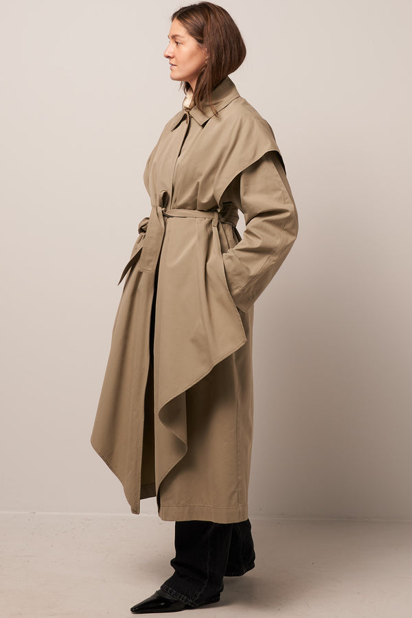 Layered Cotton Cupro Trench Wet Sand